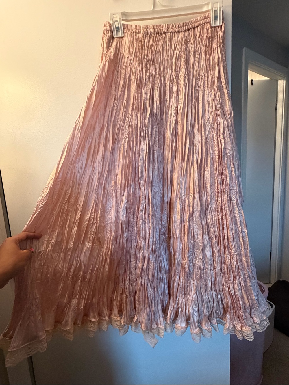 Pleated Satin Midi Skirt in Blush Pink